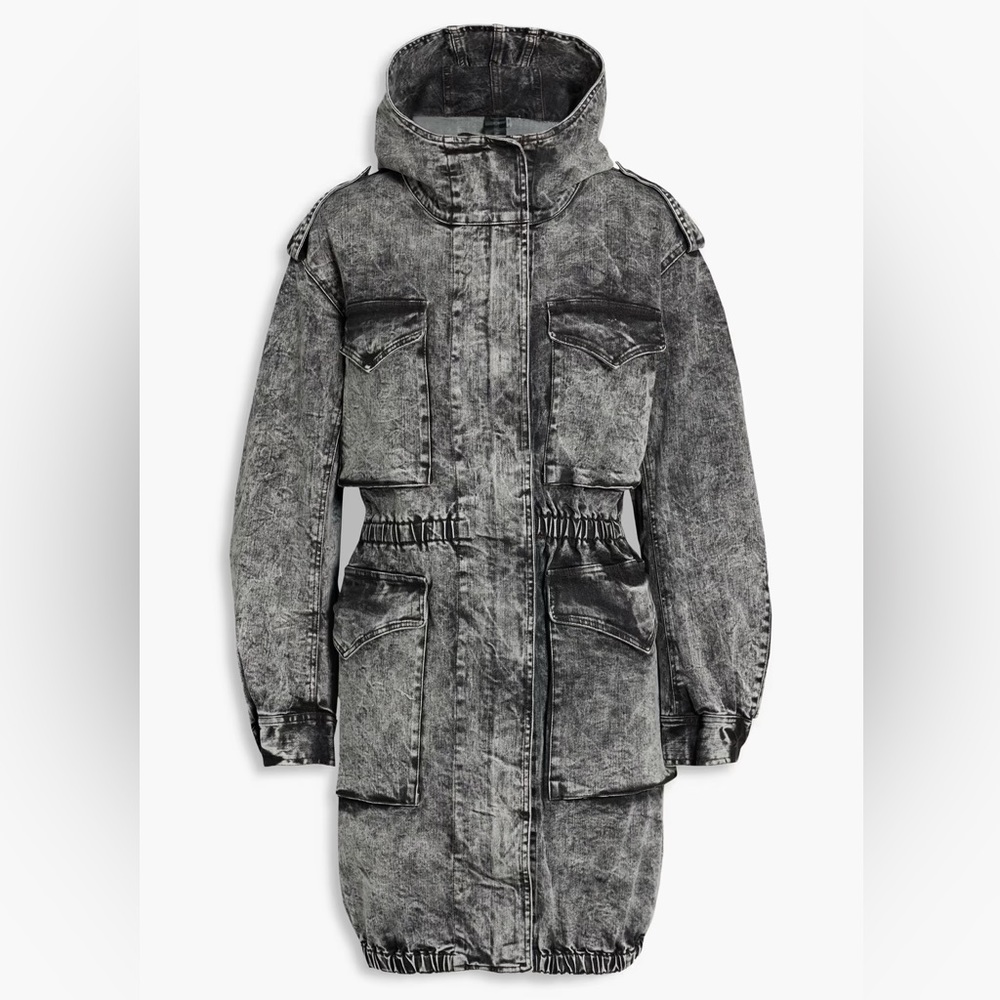 $395 Norma Kamali Cargo Utility Jacket Dress Hooded Zip Denim Black Acid Wash 12 - Picture 8 of 8